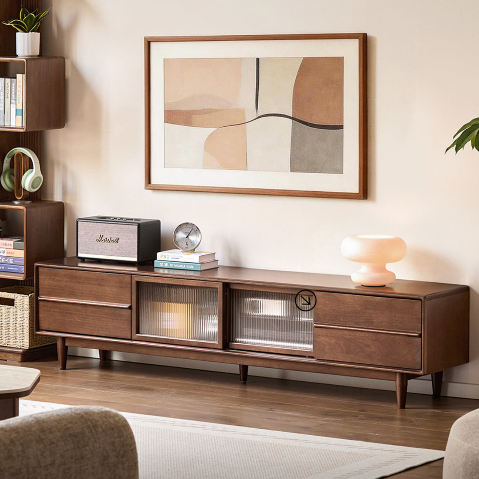 Solid Longan Hardwood Mid-Century TV Console with Fluted Sliding Doors