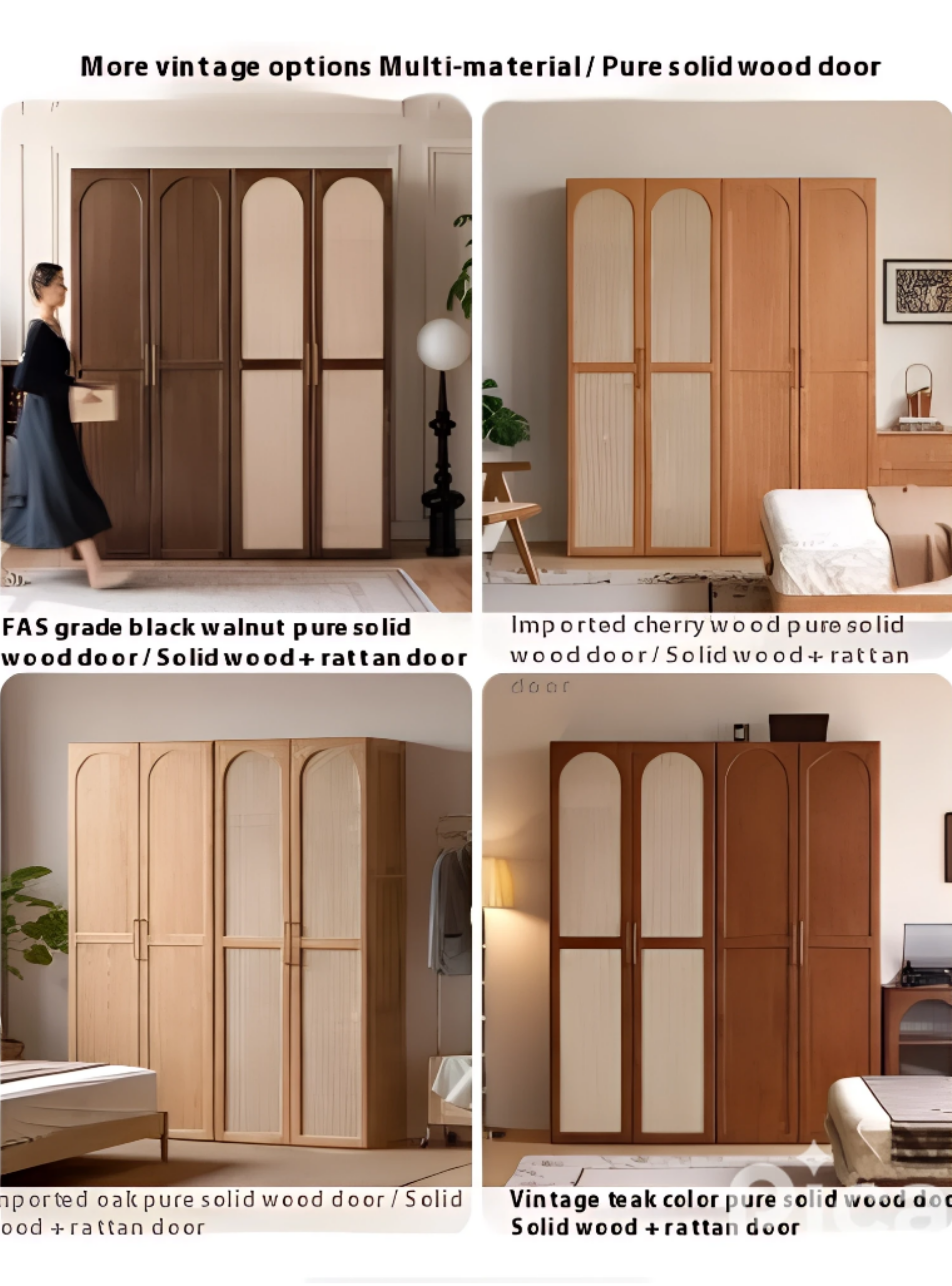 Cherry Solid Wood Retro Rattan Wardrobe