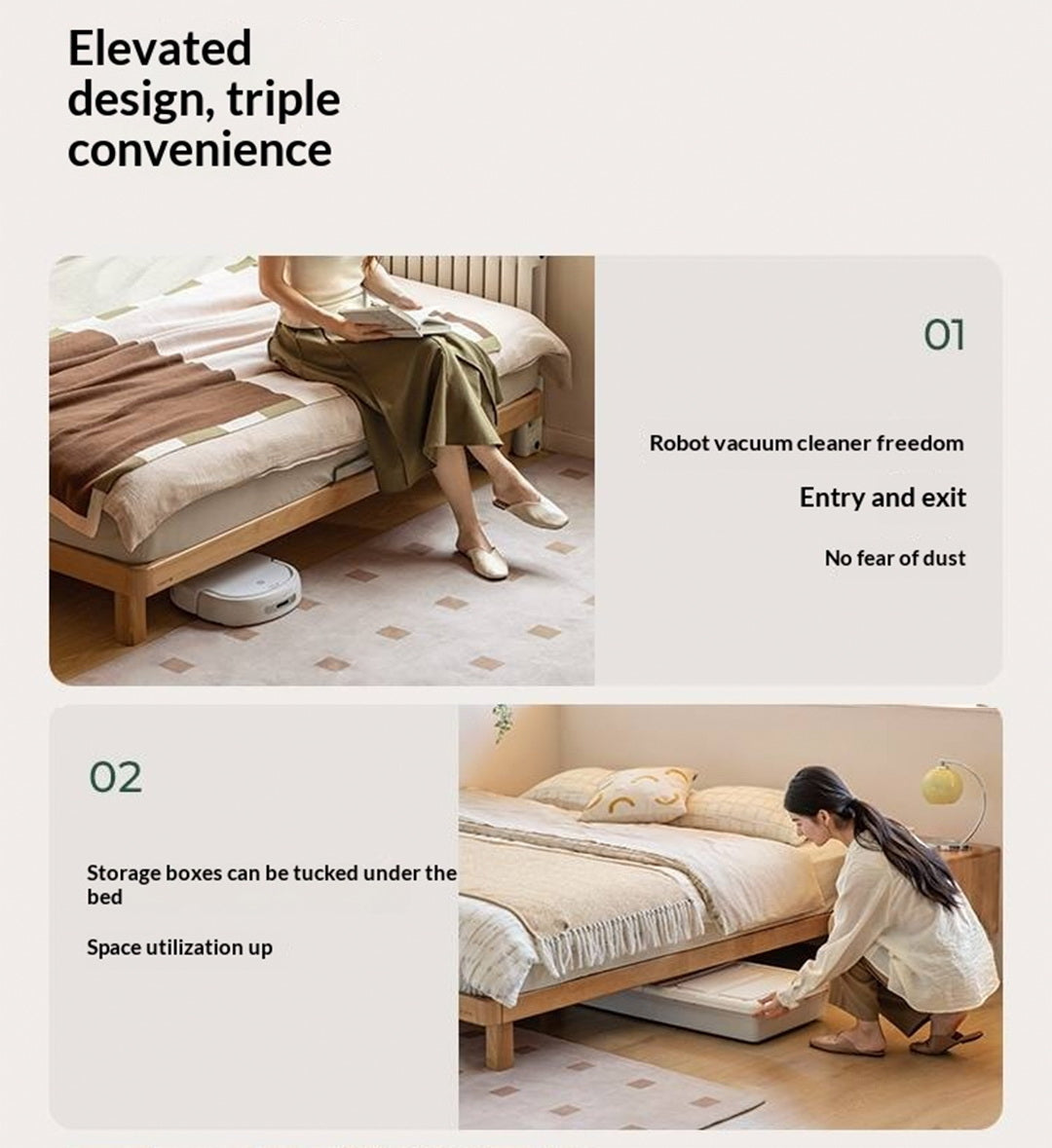 Beech, Rubberwood Solid Wood Platform Bed, Headboard-Free Bed with Flat Edge