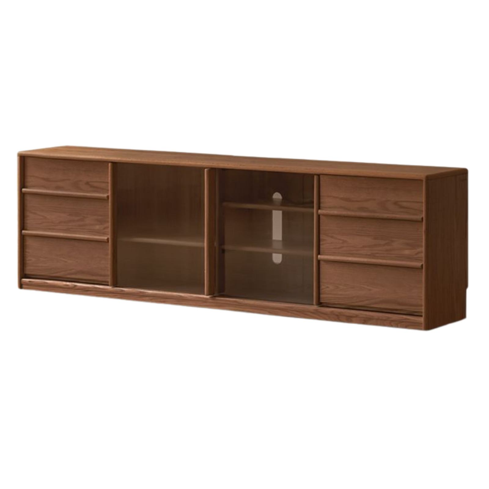 Oak Solid Wood TV Stand with Sliding Glass Doors and Drawers