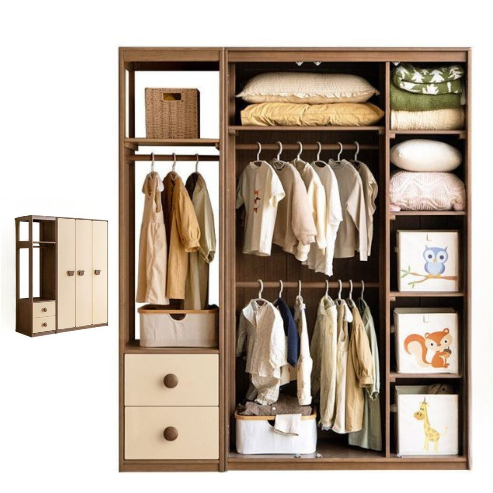 Solid RubberWood Kids Wardrobe Closet with Bear Handles and Storage Drawers