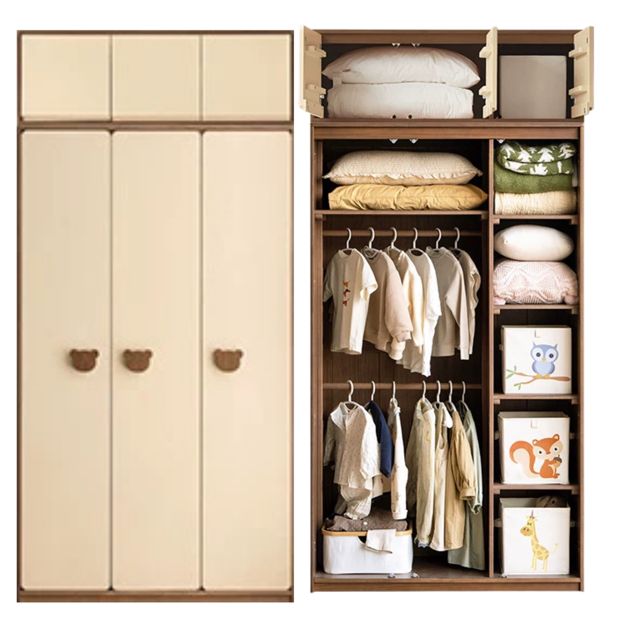 Solid RubberWood Kids Wardrobe Closet with Bear Handles and Storage Drawers
