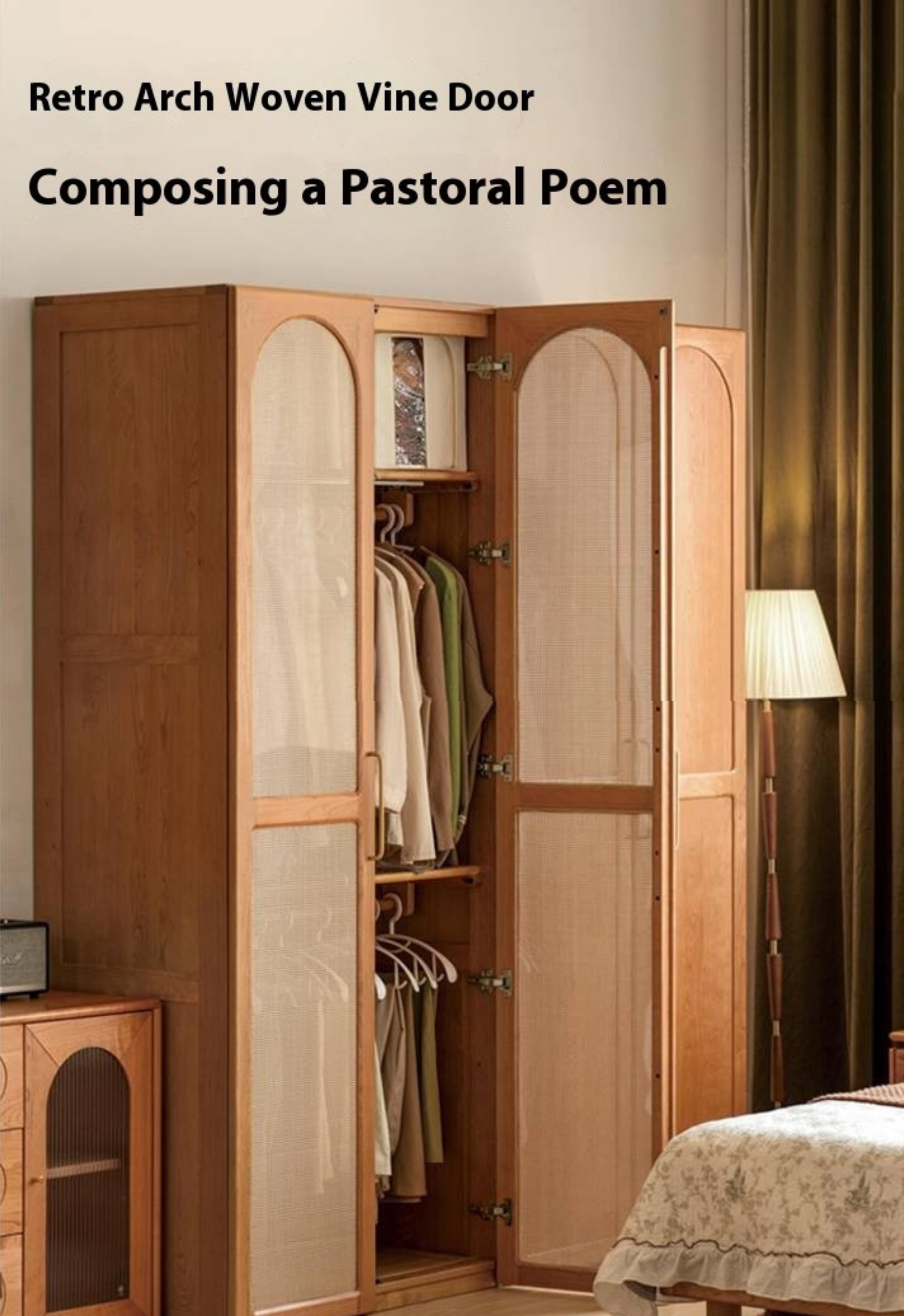 Cherry Solid Wood Retro Rattan Wardrobe