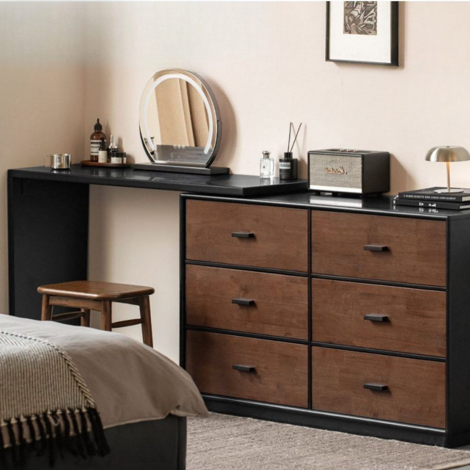 Solid RubberWood Extendable Vanity Desk and Dresser Combo, Italian Sty Solid RubberWood Extendable Vanity Desk and Dresser Combo, Italian Sty