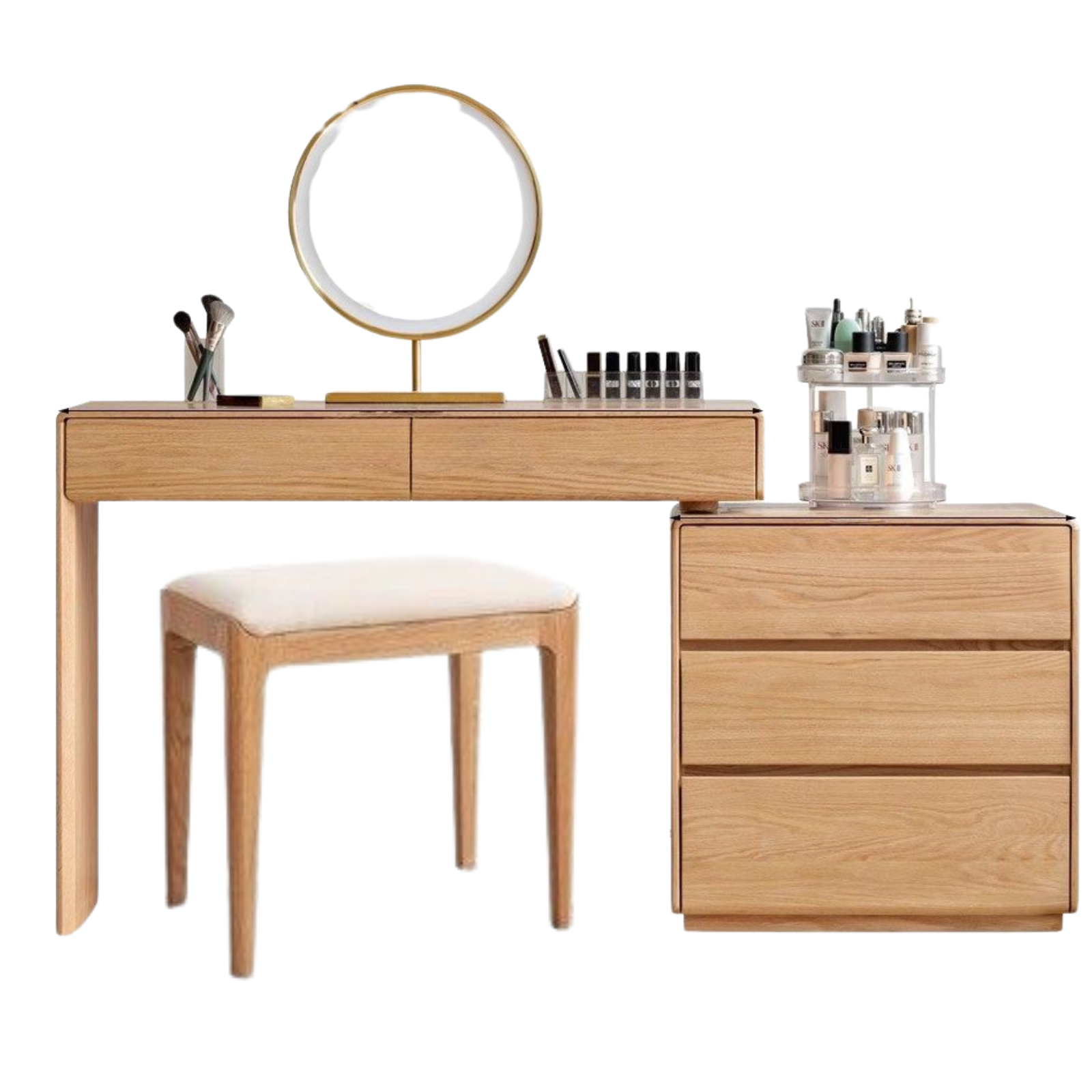 Oak, Ash Solid Wood Retractable Vanity Table Storage Cabinet.