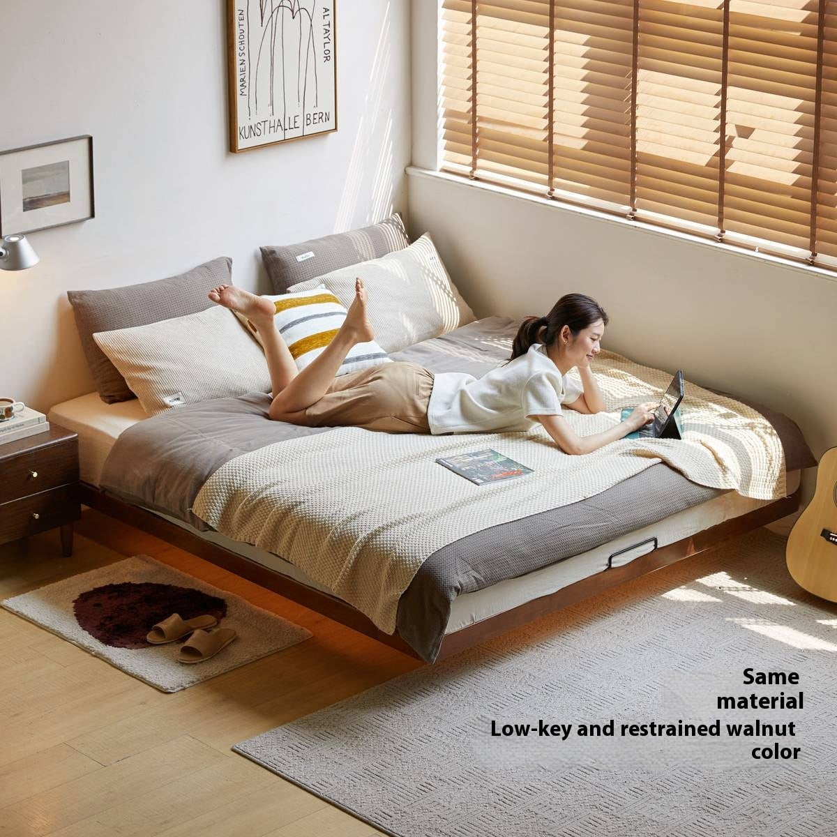 Rubberwood Solid Wood Japanese Style Suspended Platform Bed, Headboard-Free Bed