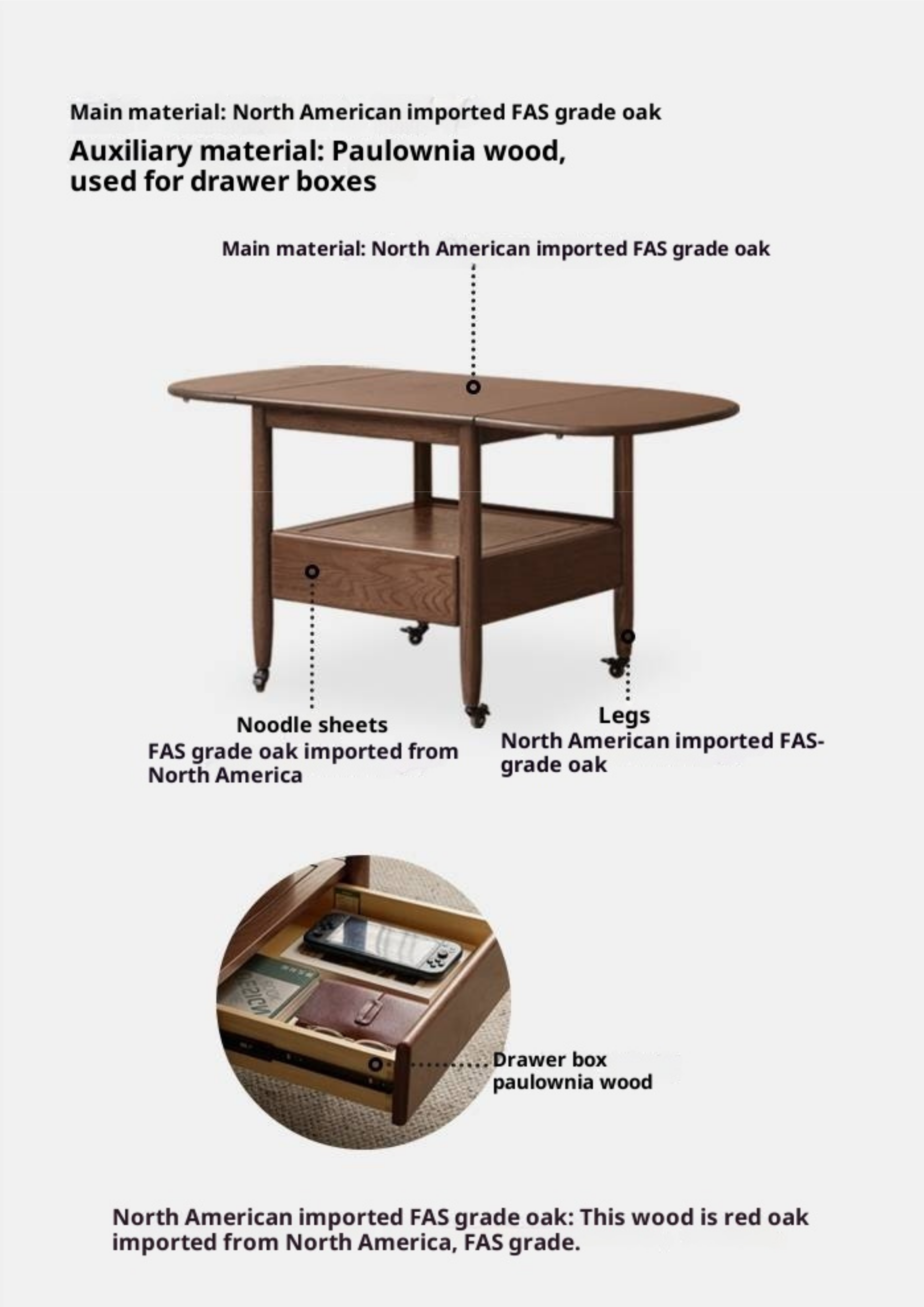 Oak Solid Wood Folding Movable Coffee Table