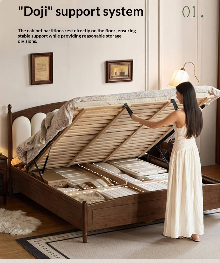 Black Walnut Solid Wood Box Bed — French Retro Style with Genuine Leather and Piano Key Design