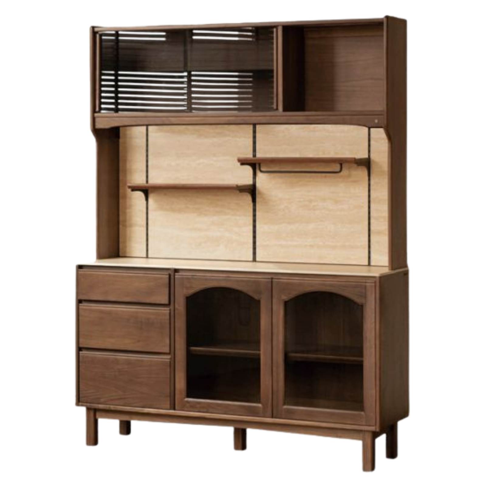 Black Walnut Solid Wood Buffet Cabinet with Retro Style and Rock Board Surface