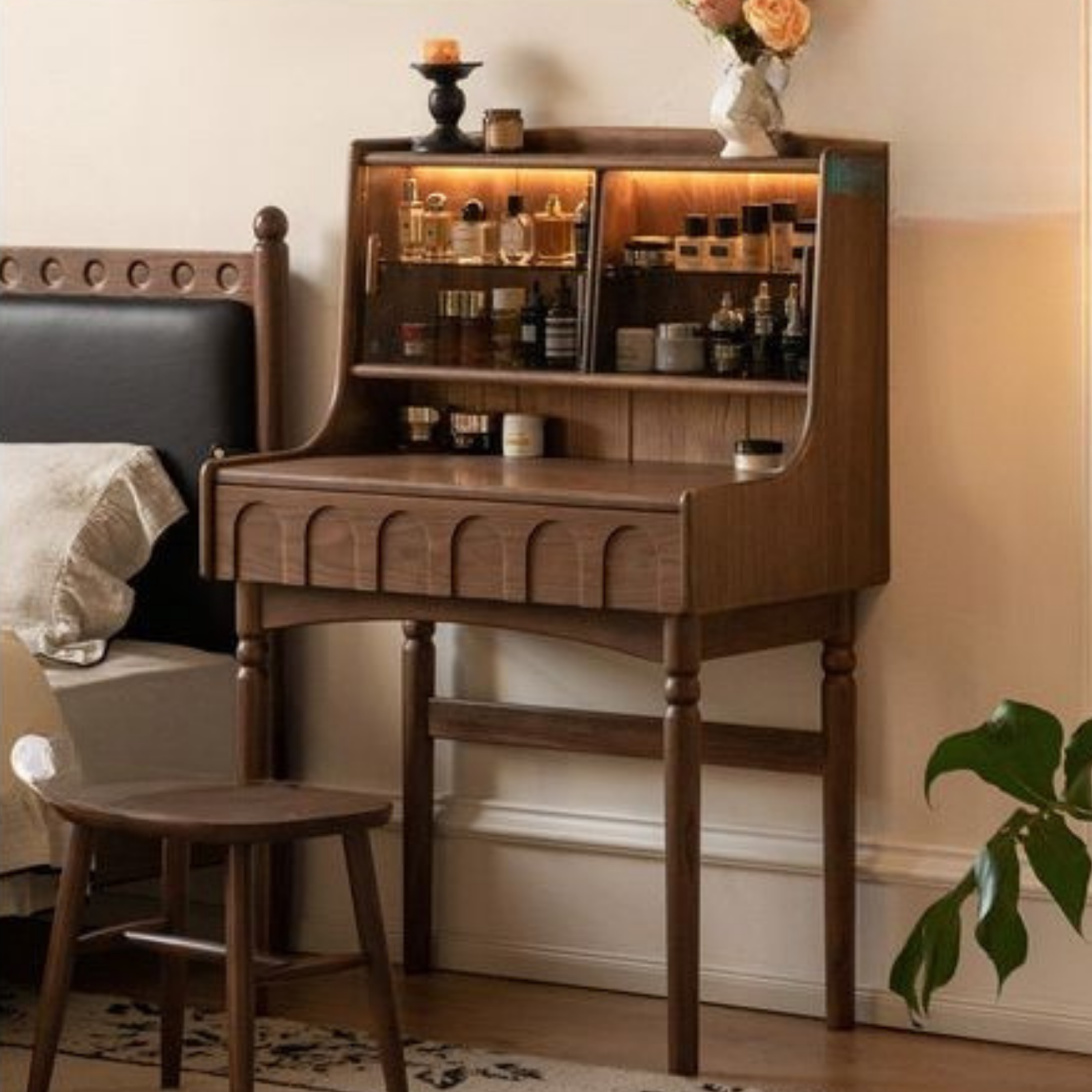 Black Walnut Solid Wood French Retro Multifunctional Vanity Table