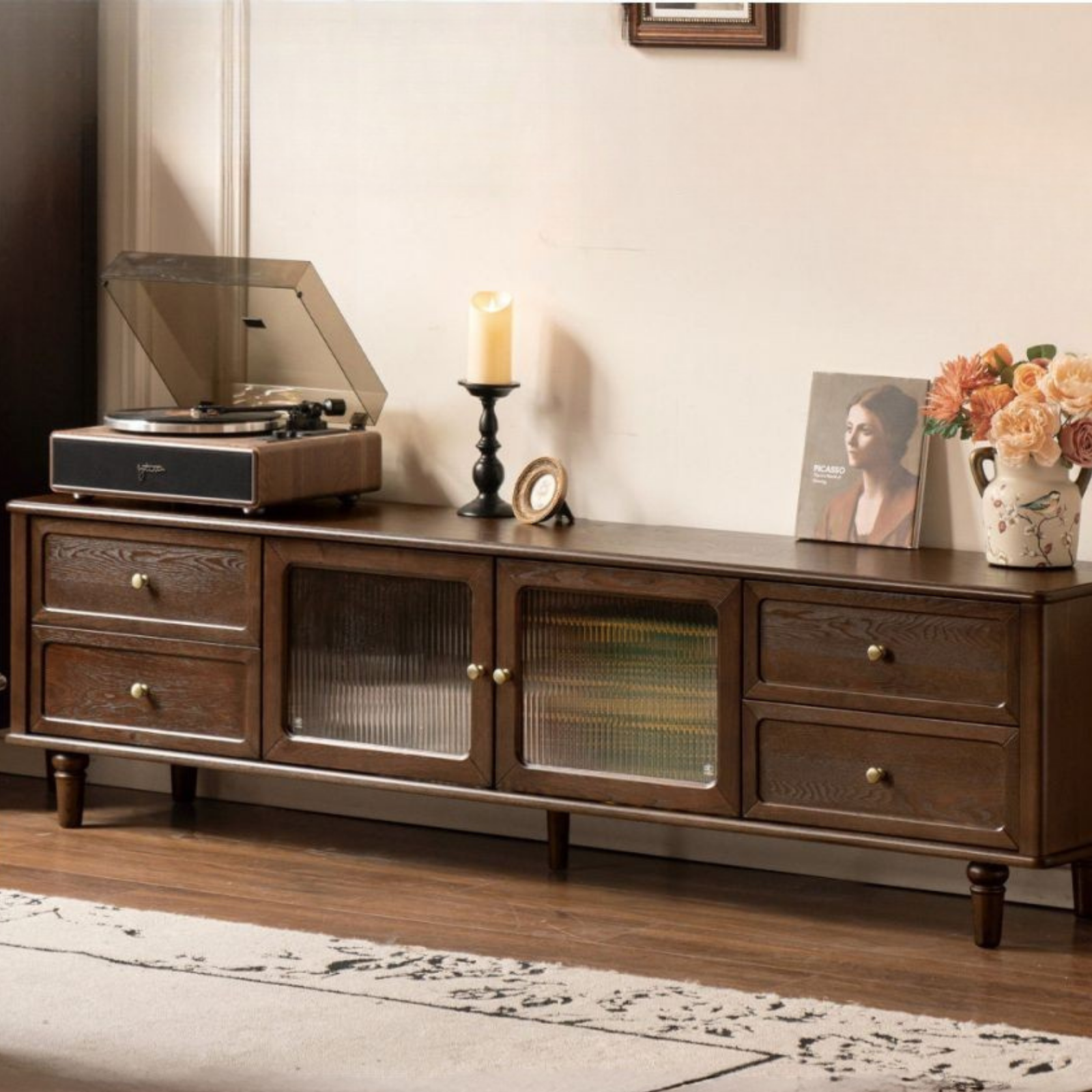 Ash Solid Wood Vintage TV Console with Fluted Glass Doors