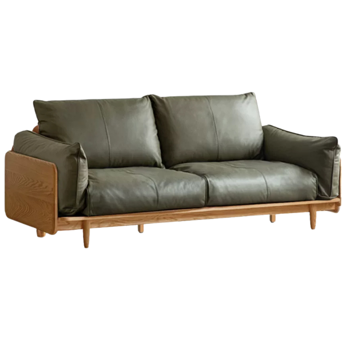 Oak, Ash Solid Wood Sofa with Exposed Wide Arms, High-Back, Genuine leather -fabric