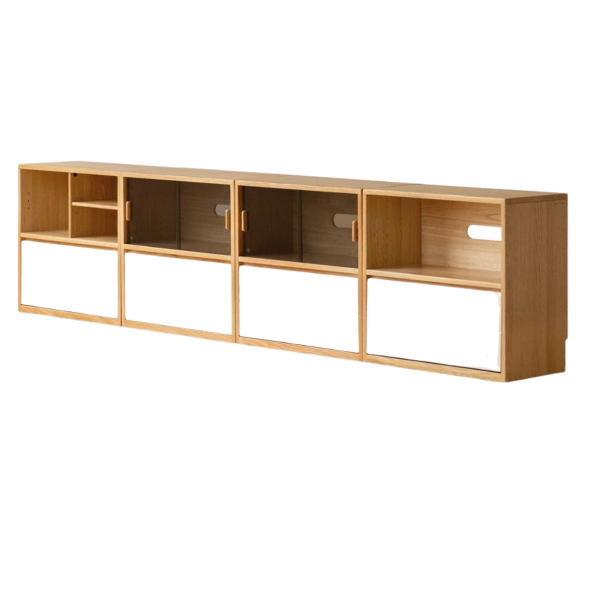 Oak Solid Wood Modular TV Cabinet System with Two-Tone Sliding Doors