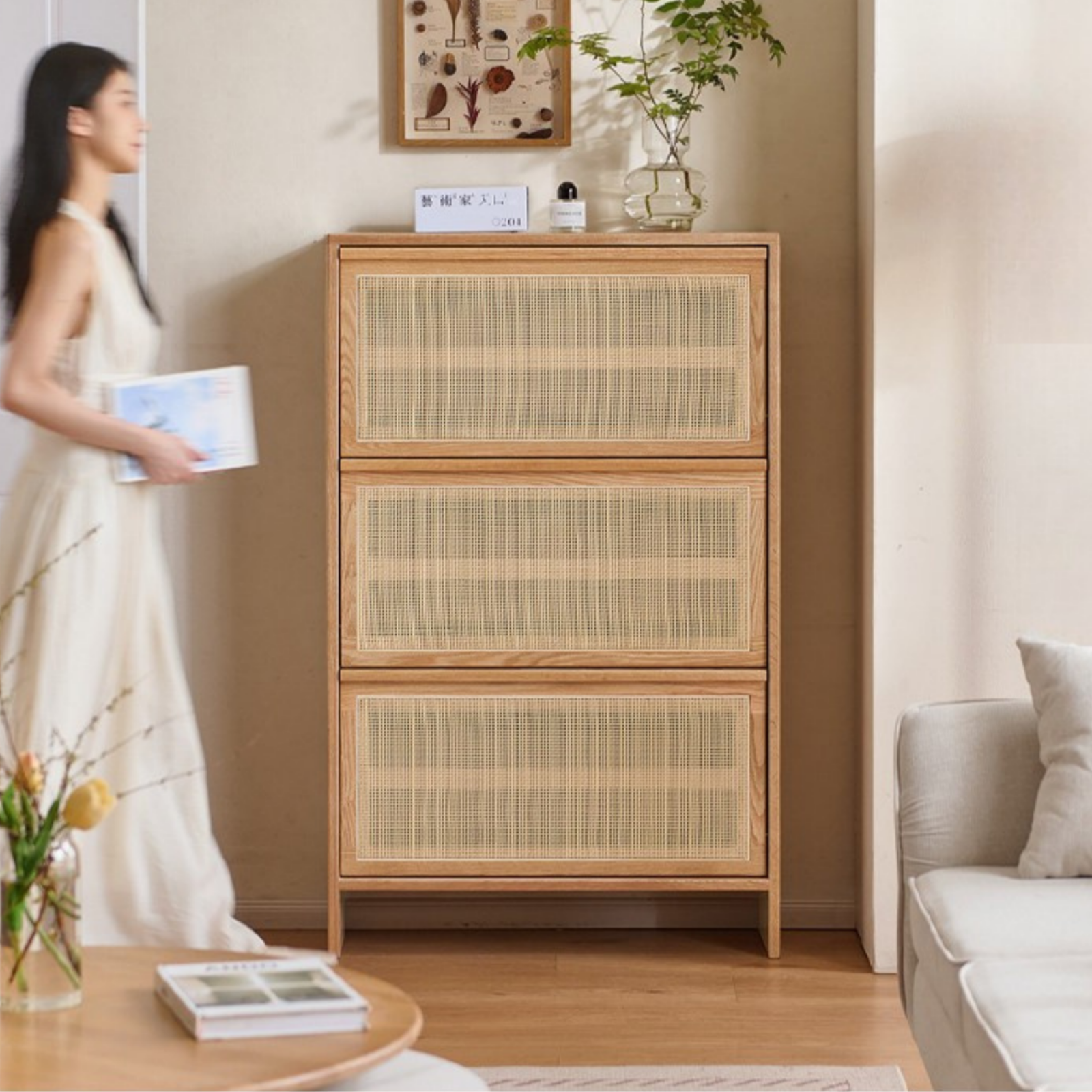 Oak Solid Wood Shoe Cabinet with Modern Minimalist Flip Door, Rattan Accents