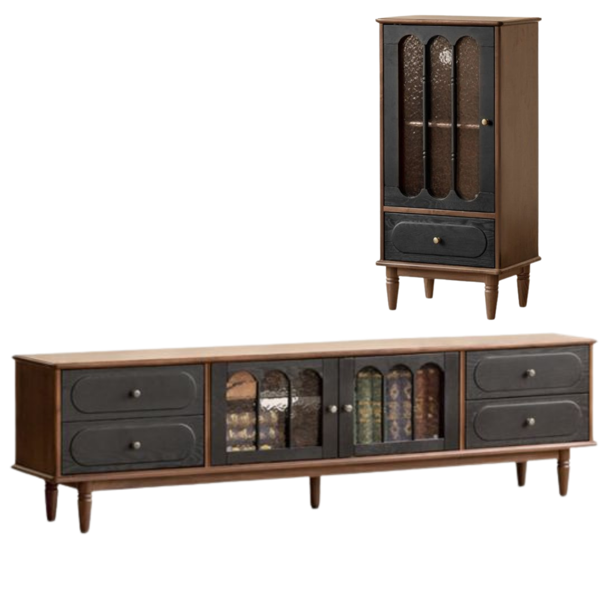Black Walnut Solid Wood Vintage Curio Cabinet with Rippled Glass Doors and Brass Hardware