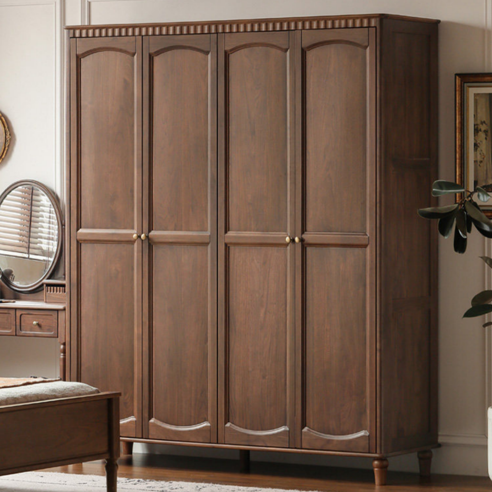Black Walnut Solid Wood Wardrobe with American Retro Style and Light Luxury Finish