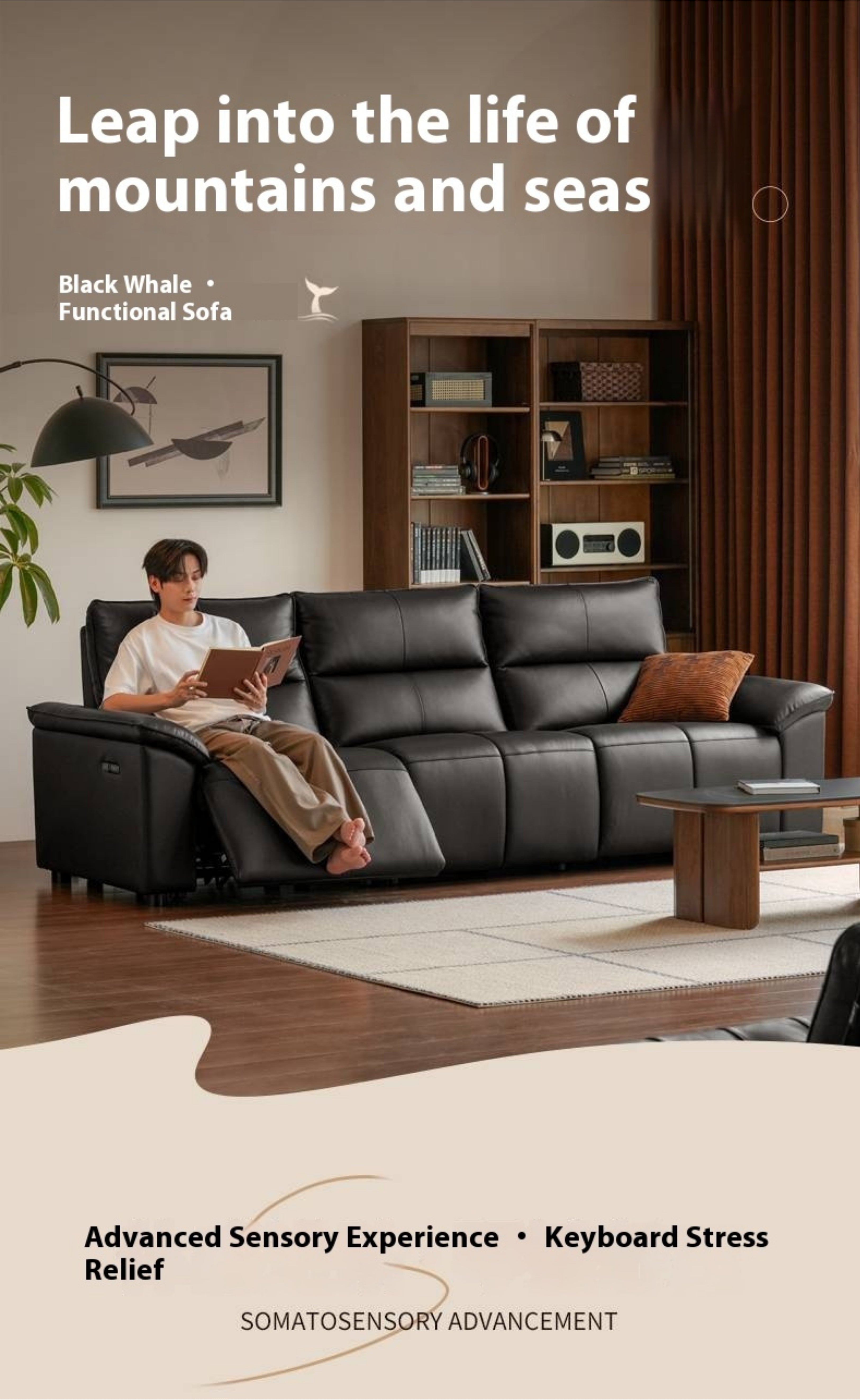 Genuine Leather Sofa Zero-Wall Electric Recliner with Extendable Function and Piano-Key Controls