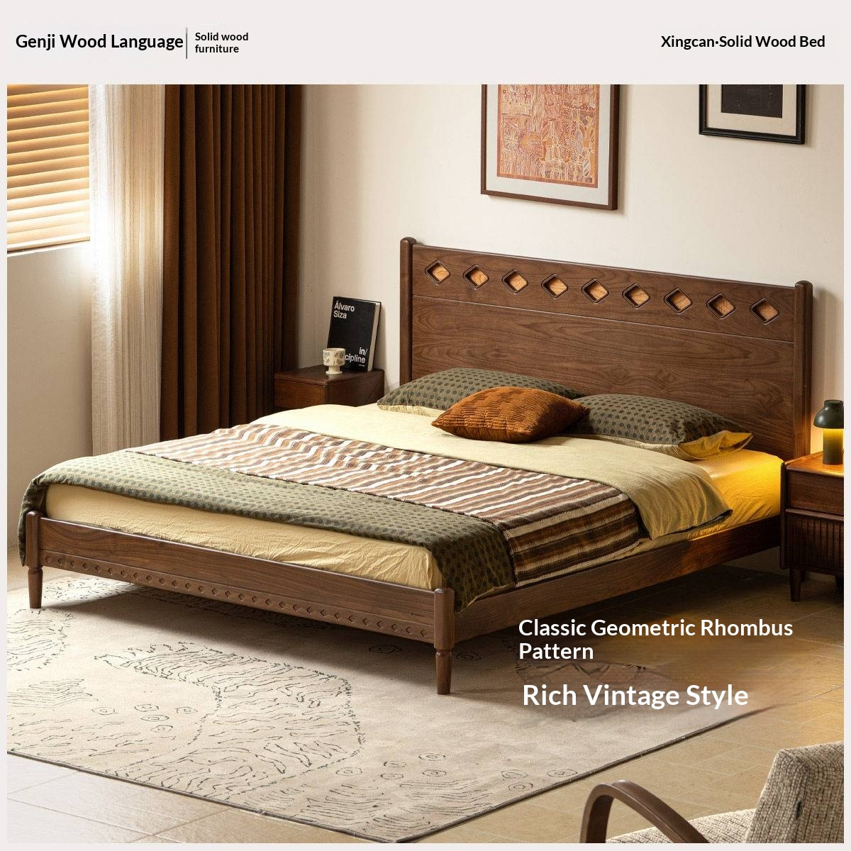 Black Walnut Solid Wood Mid-Century Classic Bed with Cherry Accent Headboard