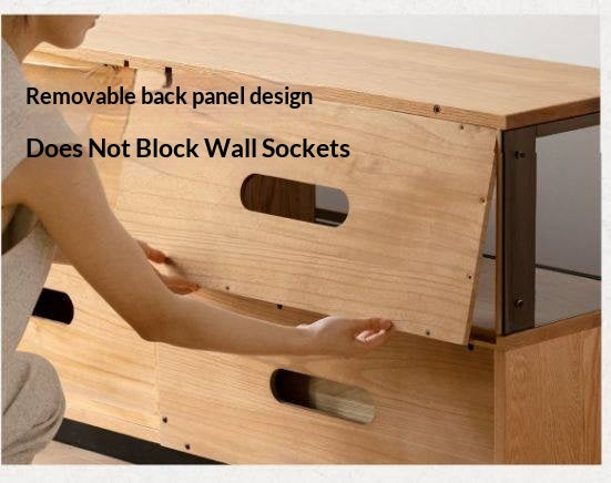 Oak Solid Wood TV Console with Illuminated Glass Display Case and Drawer Storage