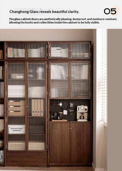 Black Walnut Solid Wood Bookcase Display Glass Door Storage Cabinet