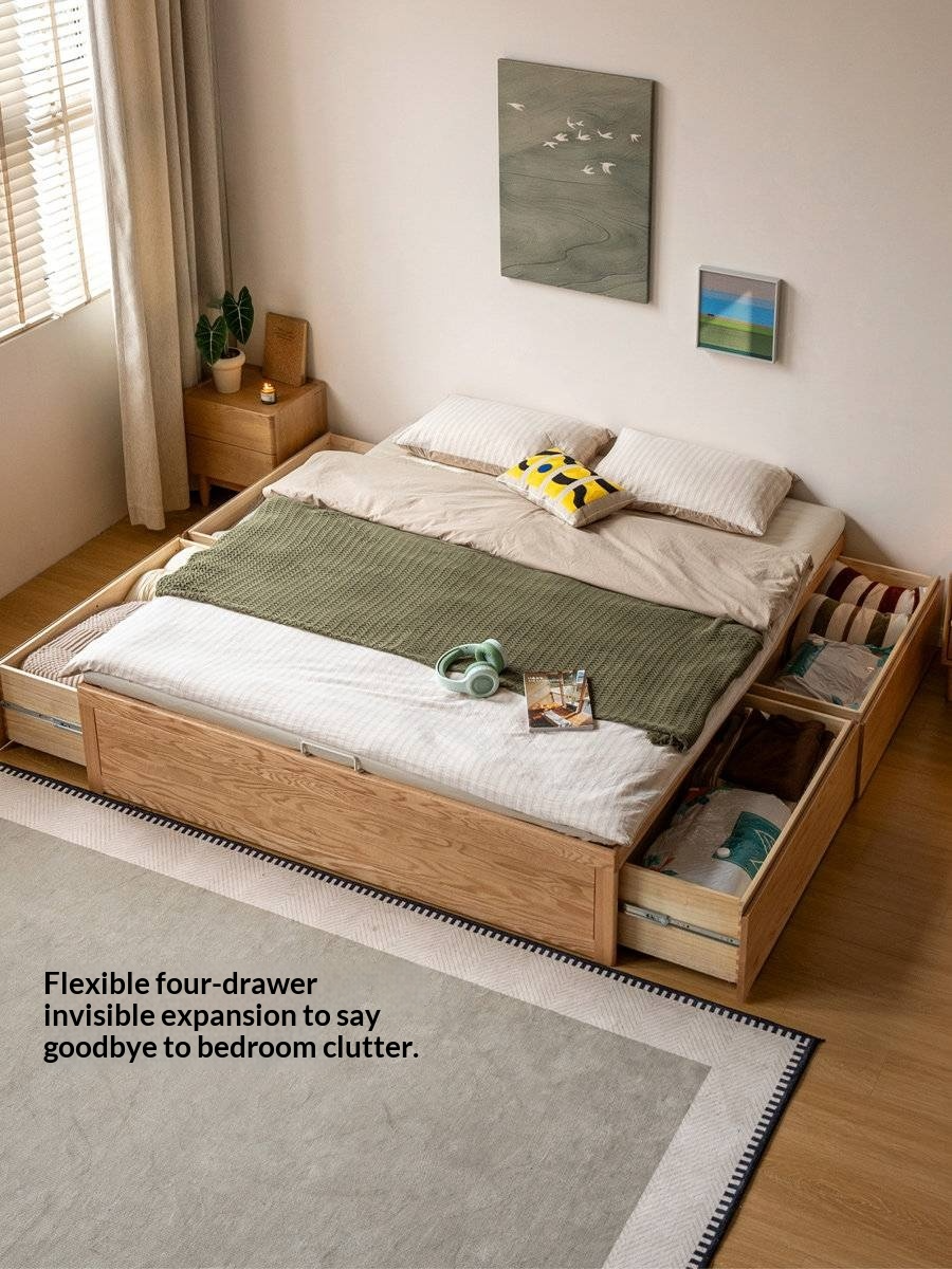 Oak Solid Wood Storage Platform Bed with Drawers, Natural Color