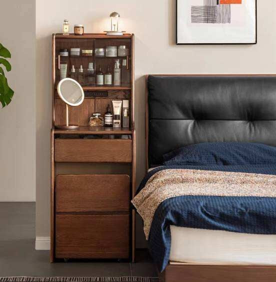 Oak Solid Wood, Rubberwood Solid Vanity Table with Drawers and Modern Minimalist Design