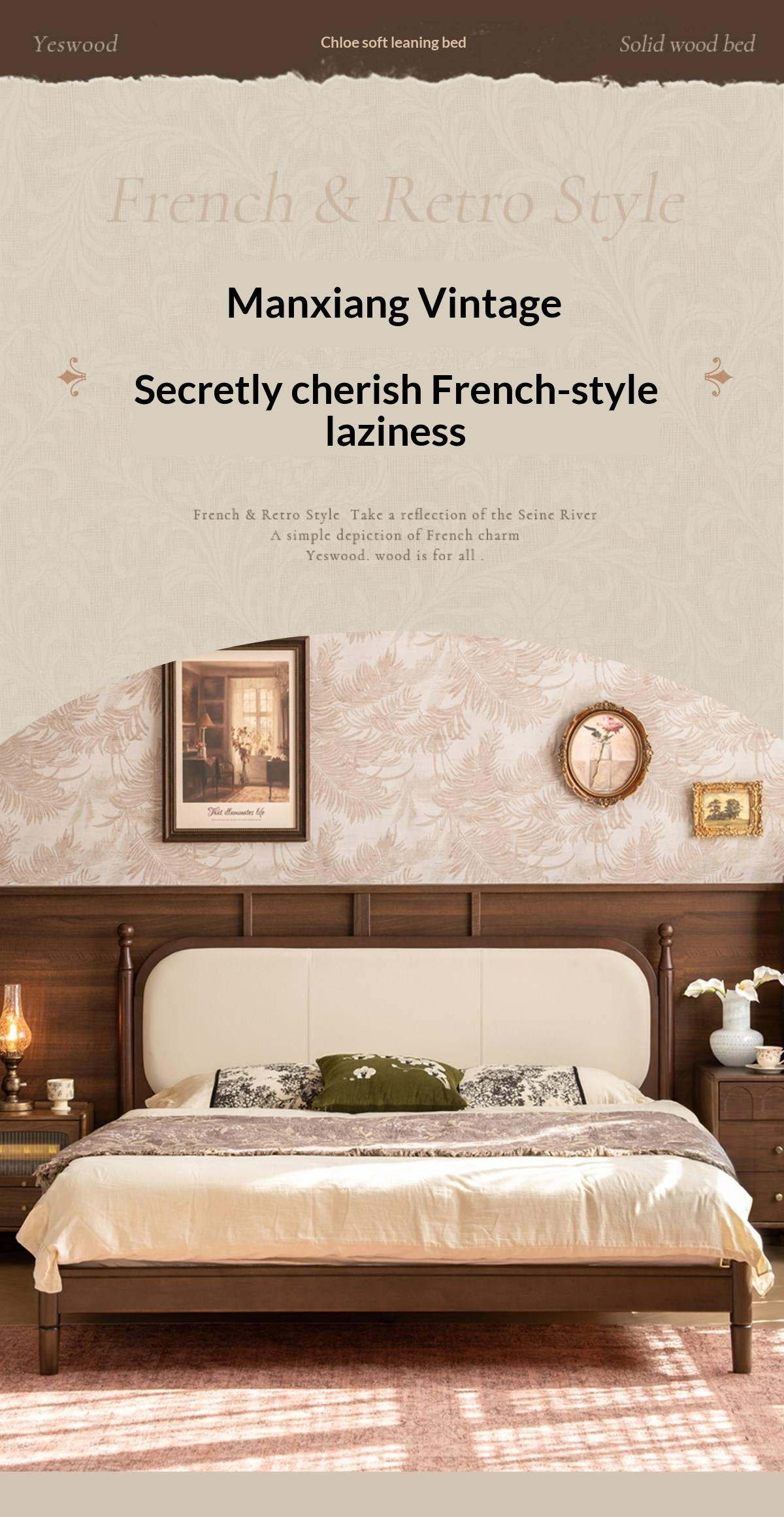 Rubberwood Solid Wood Four Poster Upholstered Bed with Adjustable Headboard