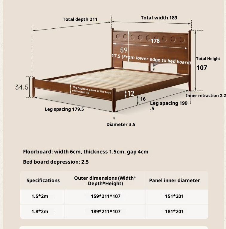 Poplar Solid Wood Bed, Bauhaus Vintage Style
