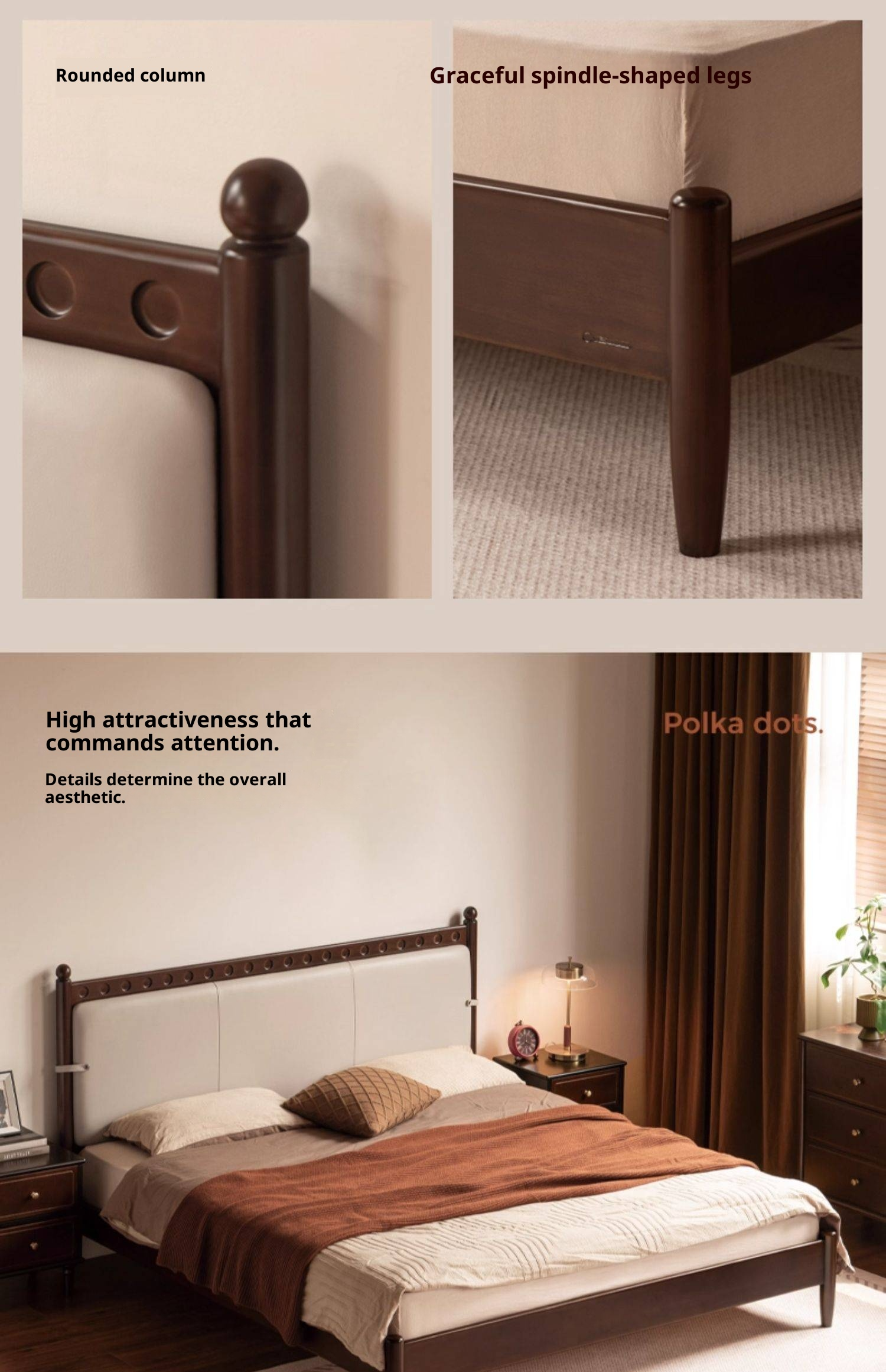 Poplar Solid Wood Genuine Leather Soft Backrest Bed Retro Vintage