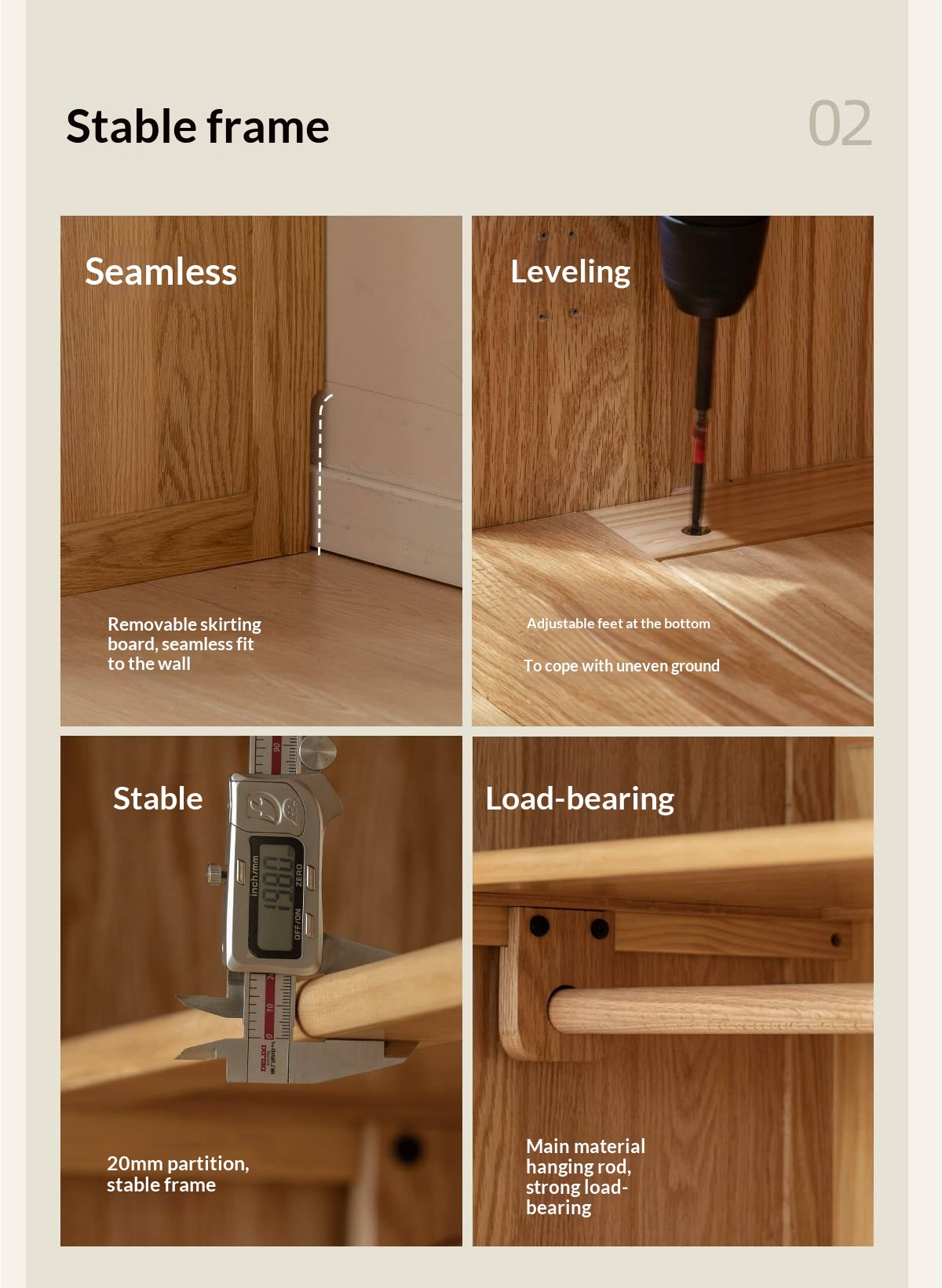 Oak Solid Wood Armoire Wardrobe with Hanging Rod and Drawers