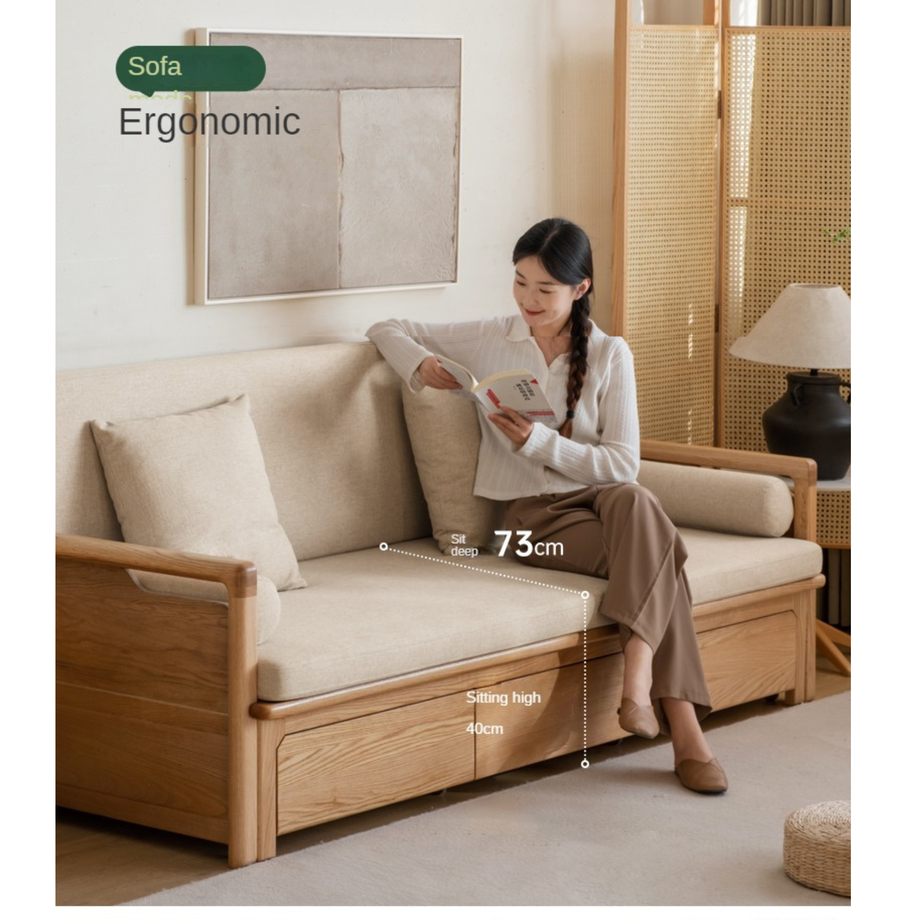 Oak Foldable Sofa Bed New Multifunctional Storage.