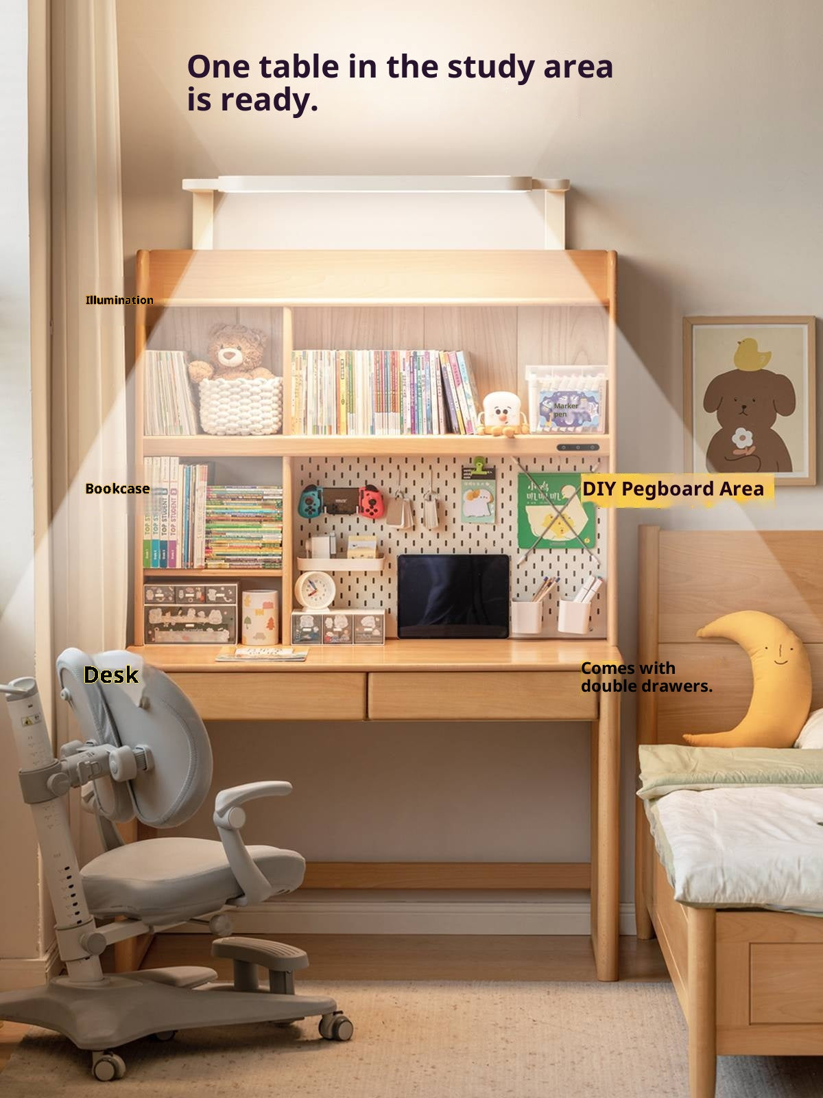 Beech Solid Wood Bookshelf Integrated Сhildren's Learning Desk