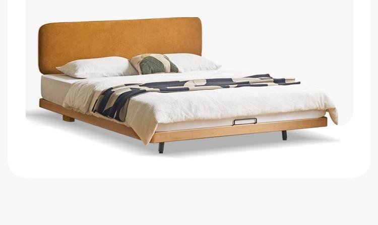 Beech Solid Wood Upholstered Bed — Retro Style with Floating Design, Luminous Light, Luxury Finish