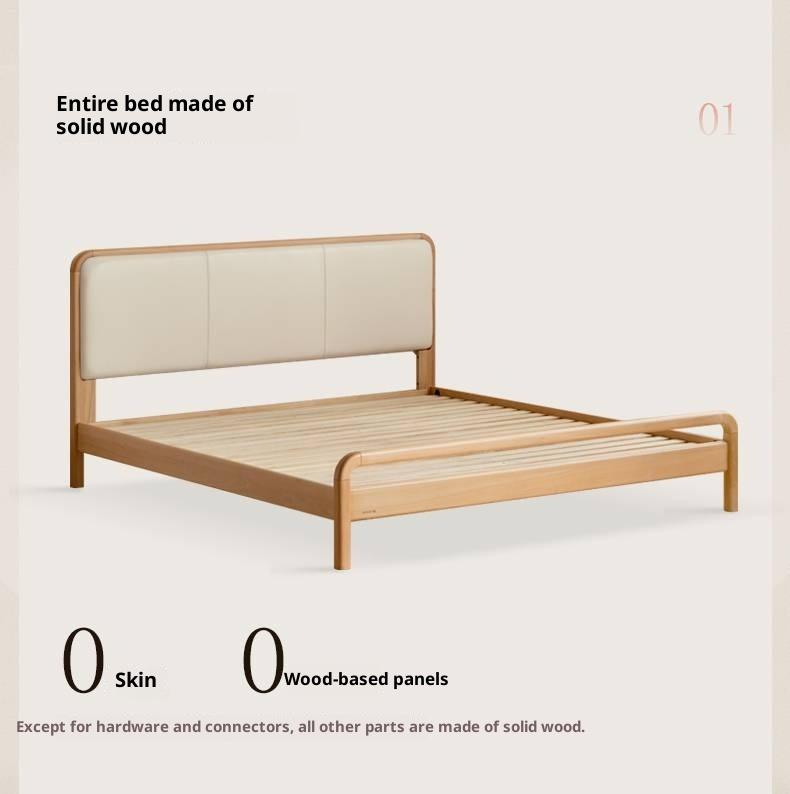 Beech Solid Wood Genuine Leather Soft Headboard Bed