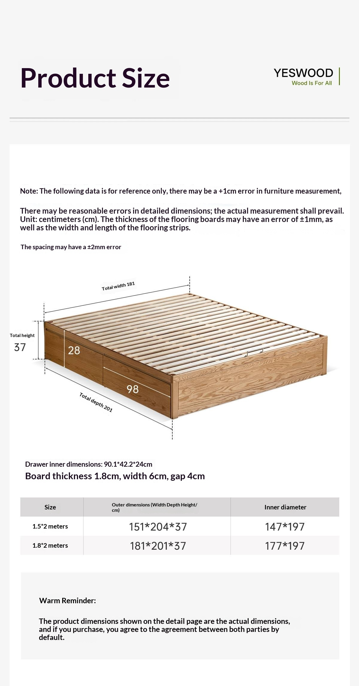 Oak Solid Wood Storage Platform Bed with Drawers, Natural Color