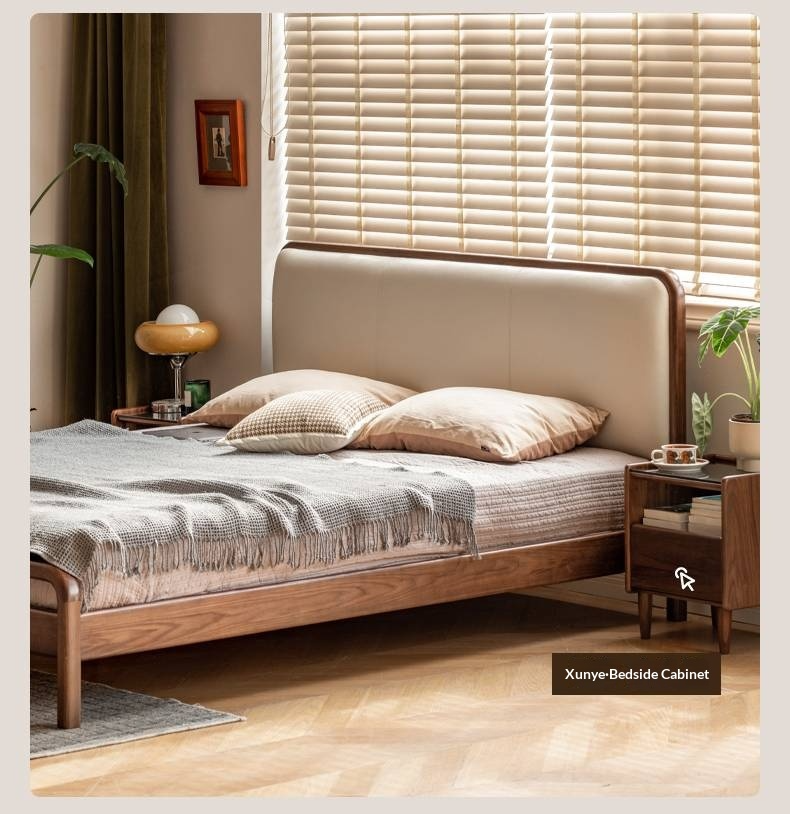 Black Walnut, Beech Solid Wood Retro Upholstered Large Bed