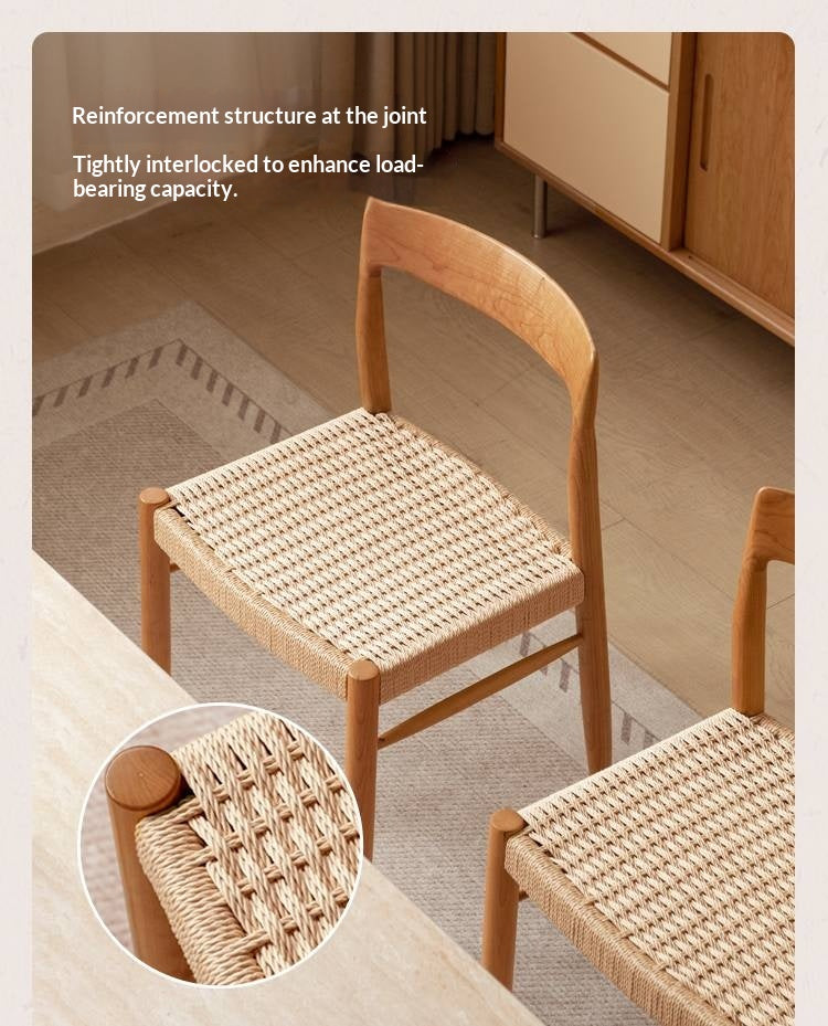 4 pcs -Cherry Solid Wood Dining Chair with Woven Cord Seat, Scandinavian Modern