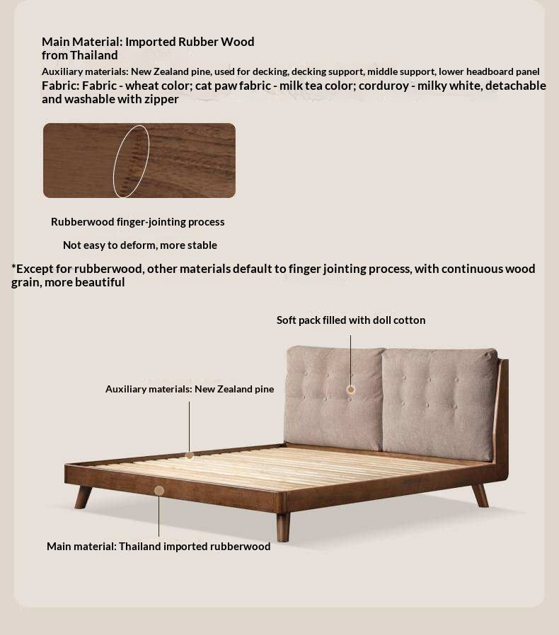 Rubberwood Solid Wood Bed with Oversized Soft Pillow Headboard