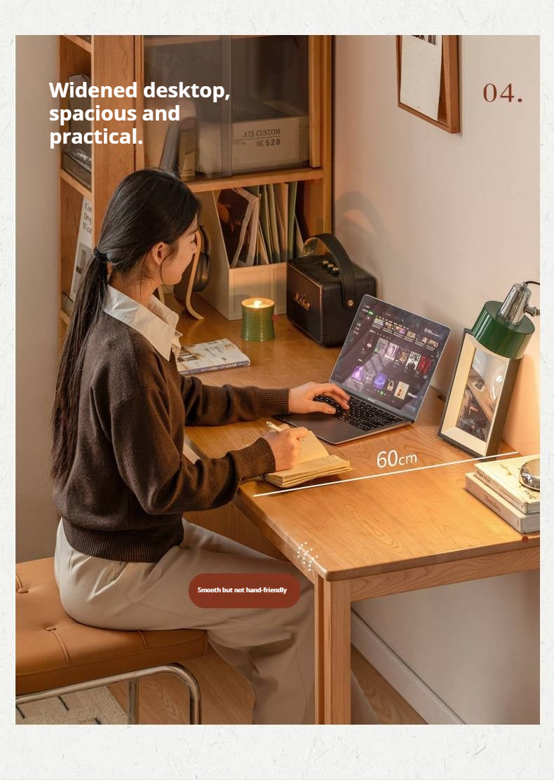 Cherry Solid Wood Office Desk with Integrated Bookshelf