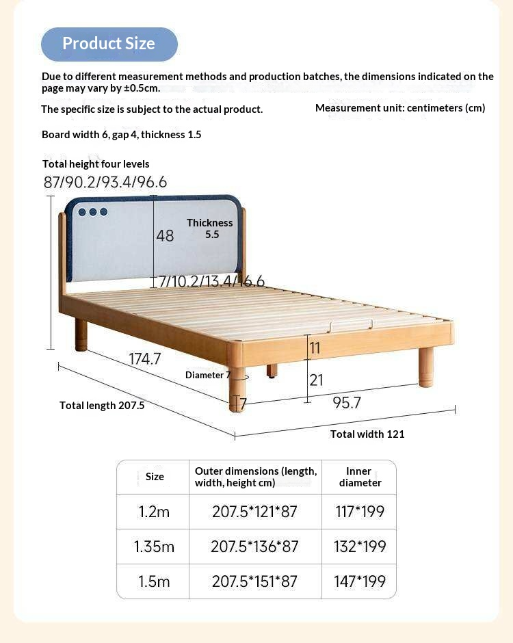Beech Solid Wood Kids Montessori Platform Bed with Upholstered Headboard