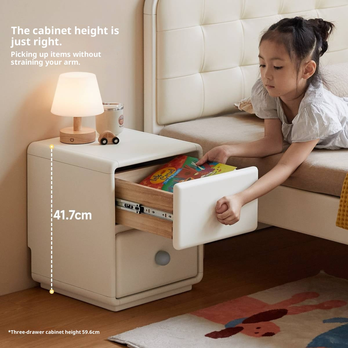 Solid Rubberwood Cream Style Ultra-narrow Children's Nightstand