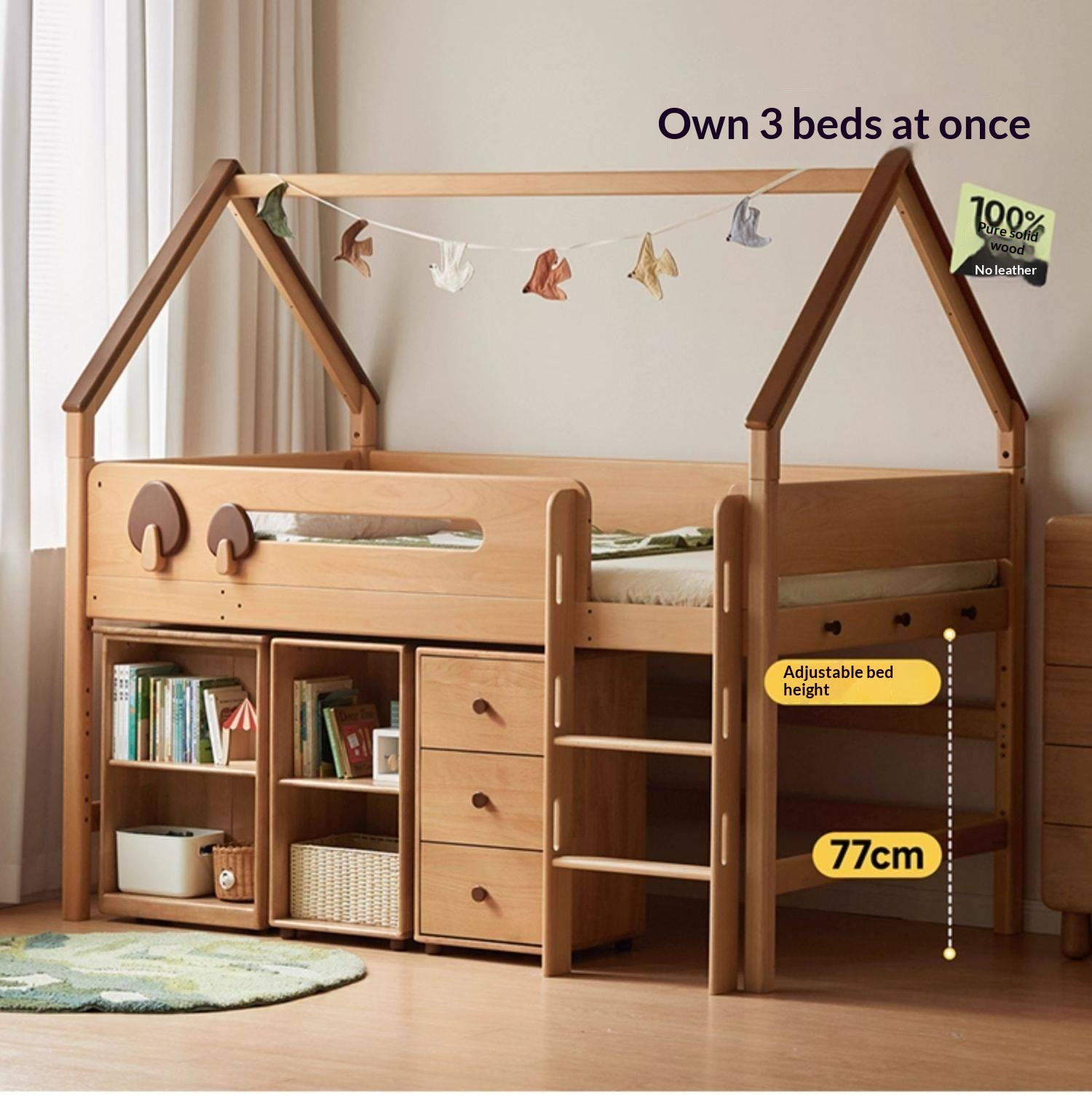 Beech Solid Wood Children's Loft Bed with Table Under Bed