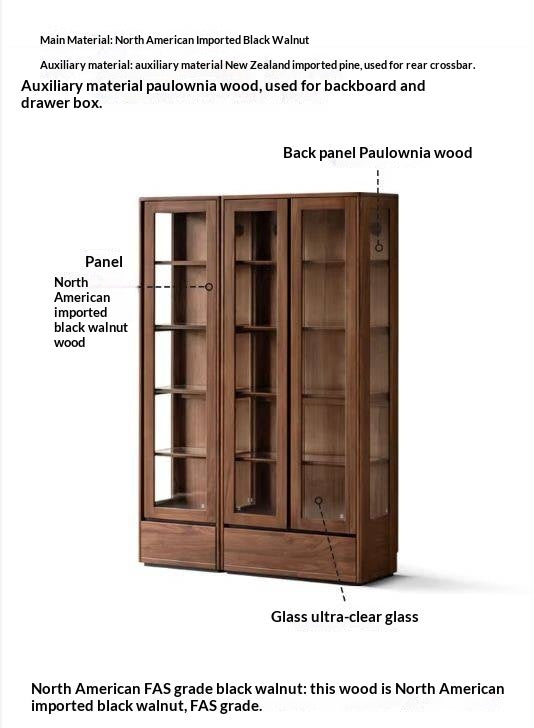 Black Walnut, Ash Solid Wood Modern Study Glass Bookcase