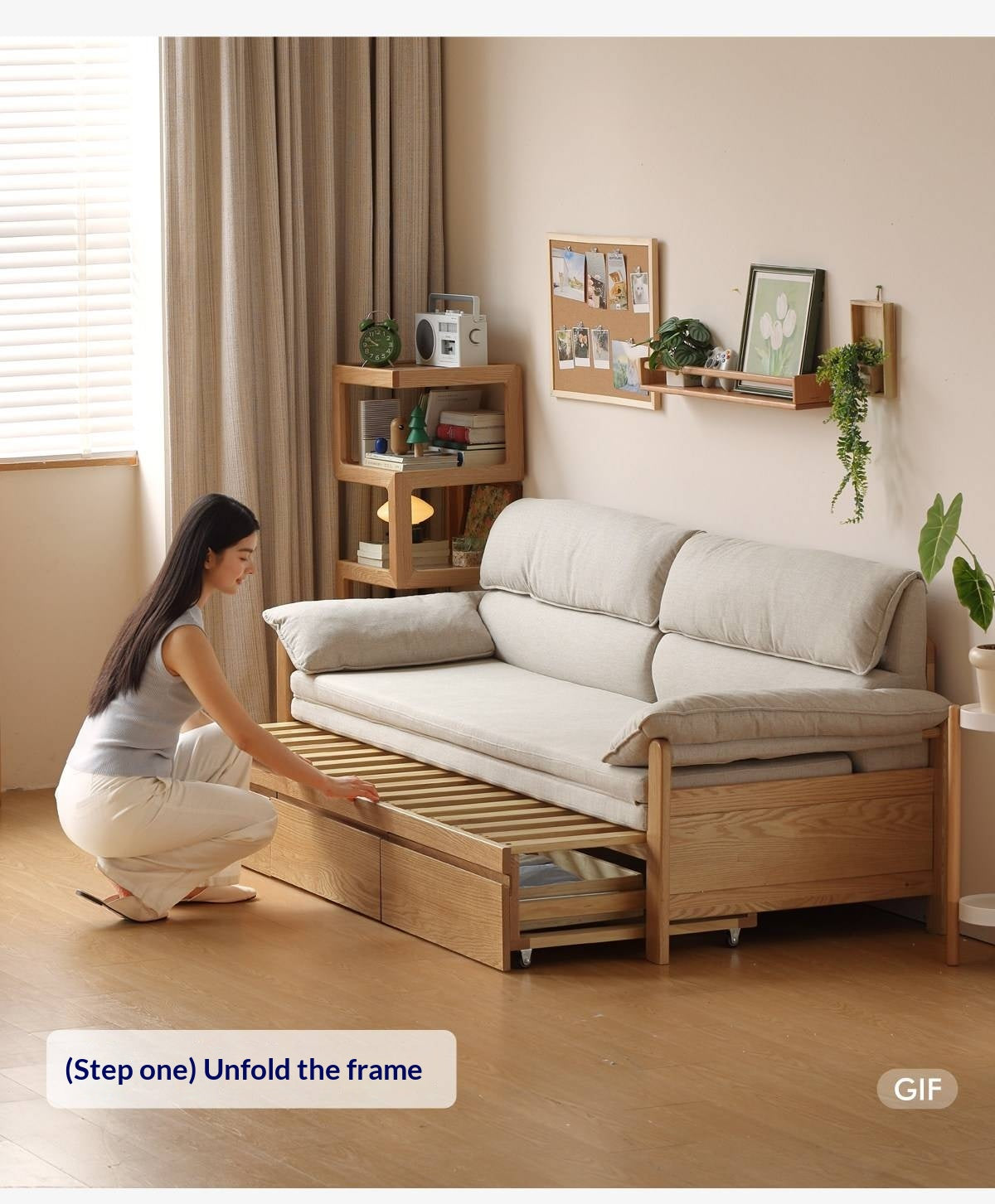 Oak Solid Wood Sofa Bed with Under-Seat Storage Drawers