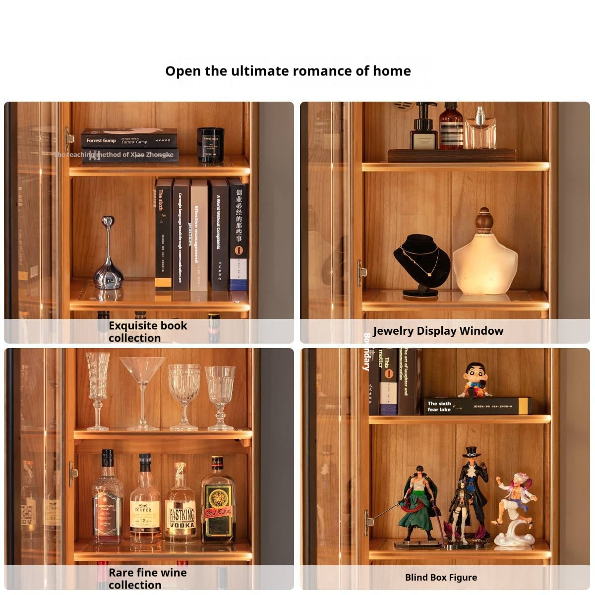 Cherry Solid Wood Bookcase with Glass Display Cabinets