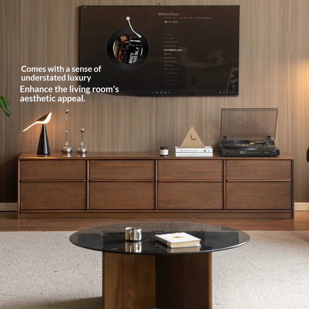 Sandalwood Solid Wood Low Profile TV Console with Fluted Panels