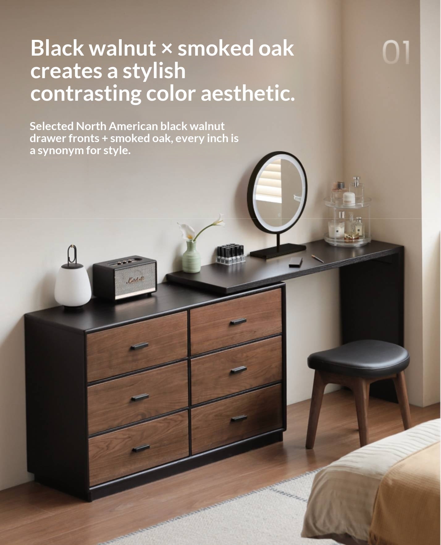 Black Walnut Solid Wood Italian Light Luxury Vanity Table.