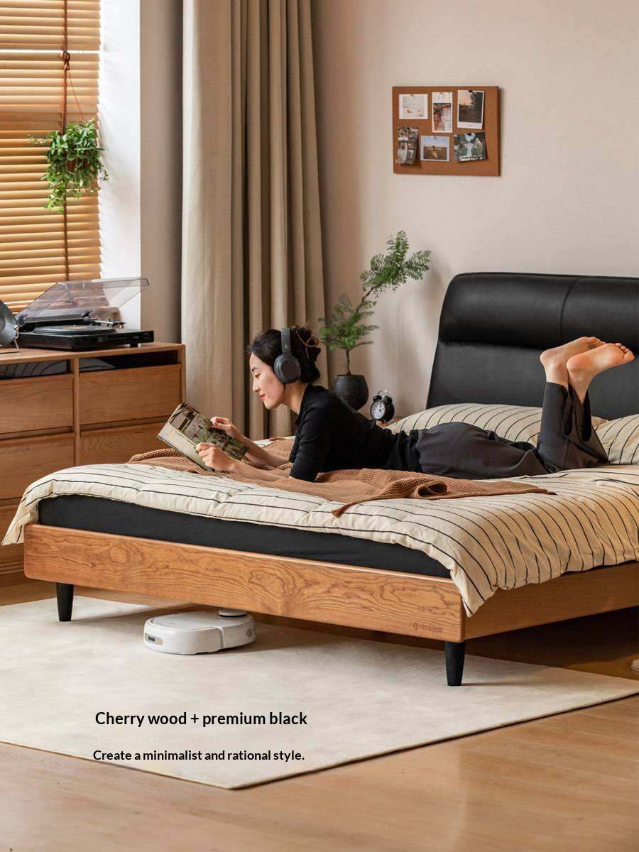 Cherry Solid Wood Genuine Leather Curved Upholstered Headboard Platform Bed
