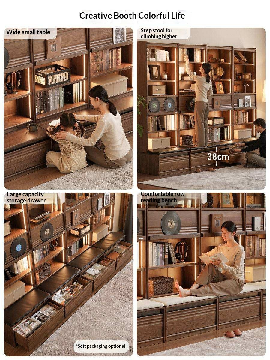 Black Walnut Solid Wood Integrated Wall Bookcase with Floor Display