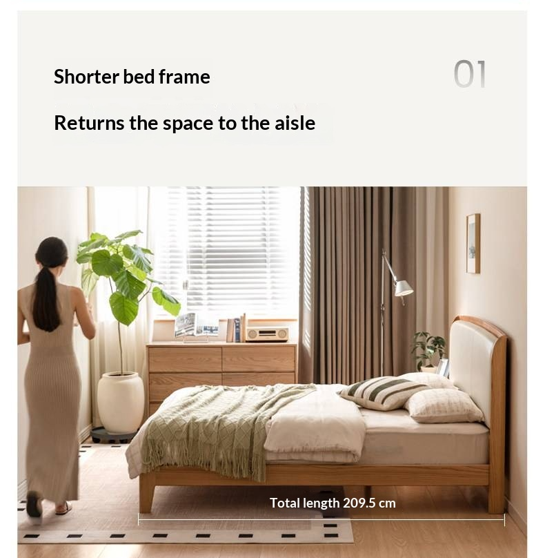 Oak Solid Wood Bed — Modern Minimalist, Genuine Leather Upholstered Bed